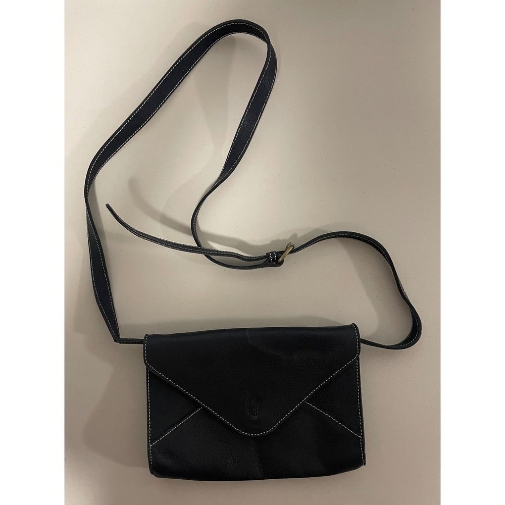 Vintage Polo Ralph Lauren Black Leather Crossbody Bag White Contrast Stitching